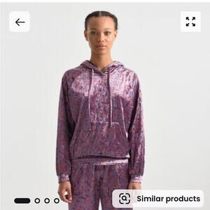 Lili Sidonio Pink Print Velvet Velour Urban Hoodie Kangaroo Pocket